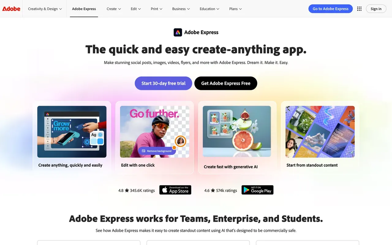 Adobe Express homepage, compared against the best Adobe Express alternatives