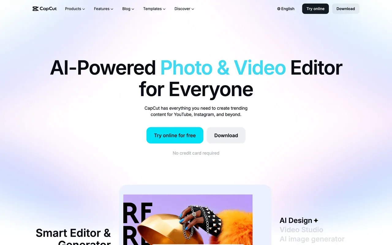 CapCut homepage, August 2026