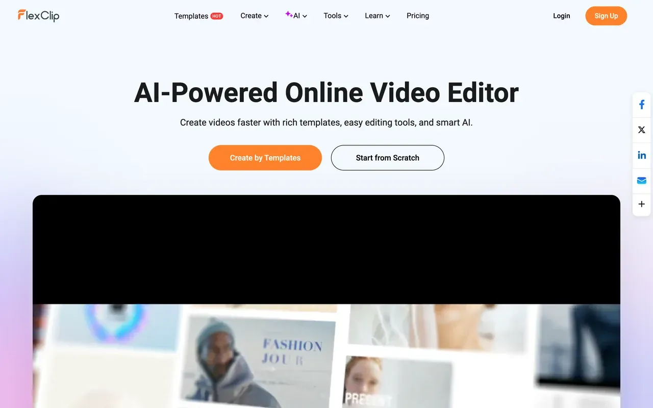 FlexClip homepage, August 2026
