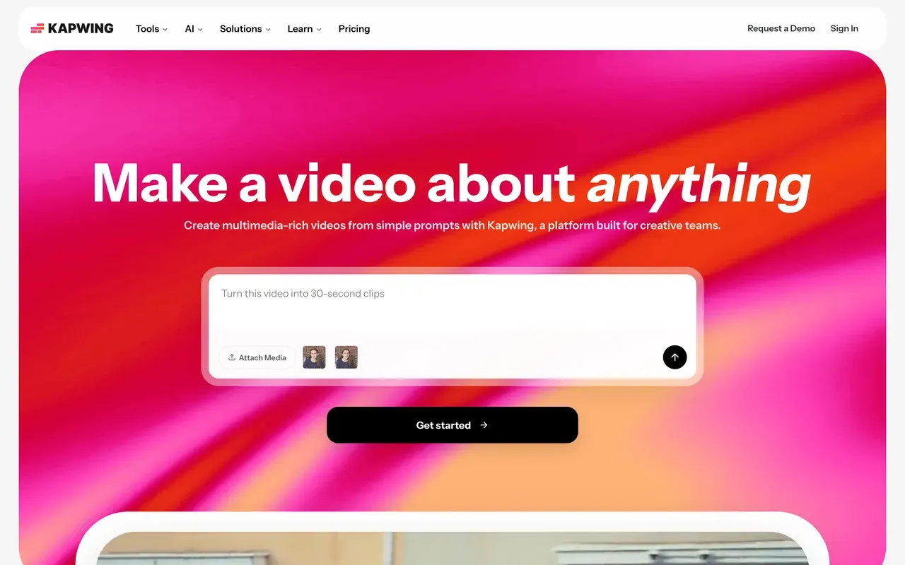 Kapwing homepage, August 2026