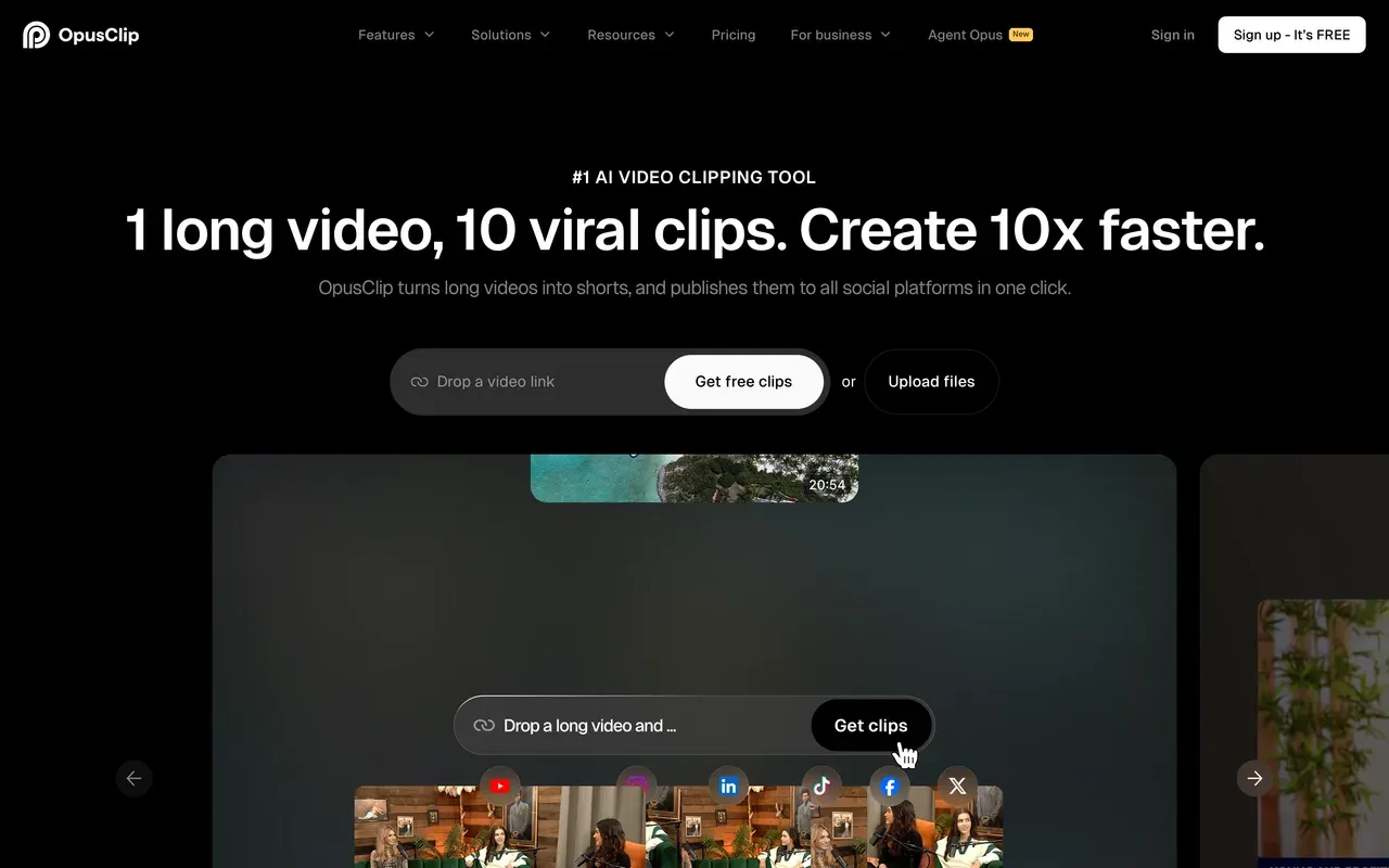 OpusClip homepage, August 2026
