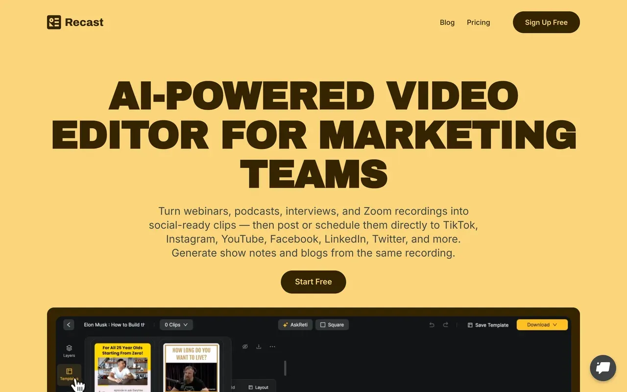 Recast Studio homepage, August 2026