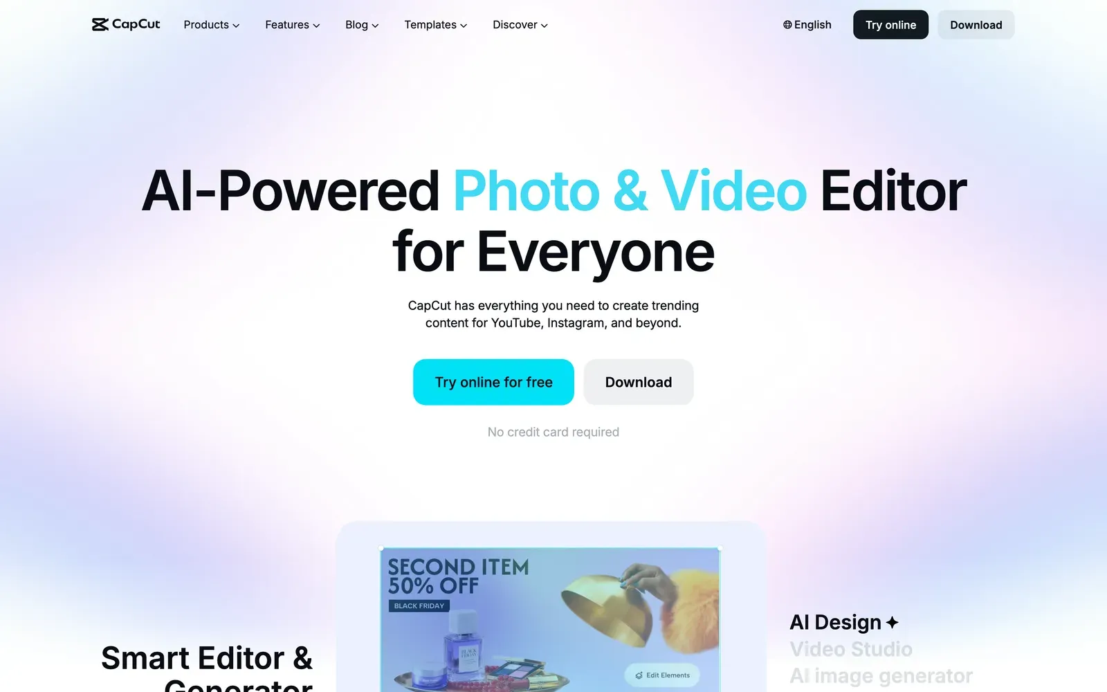 CapCut homepage showing its AI-powered photo and video editor