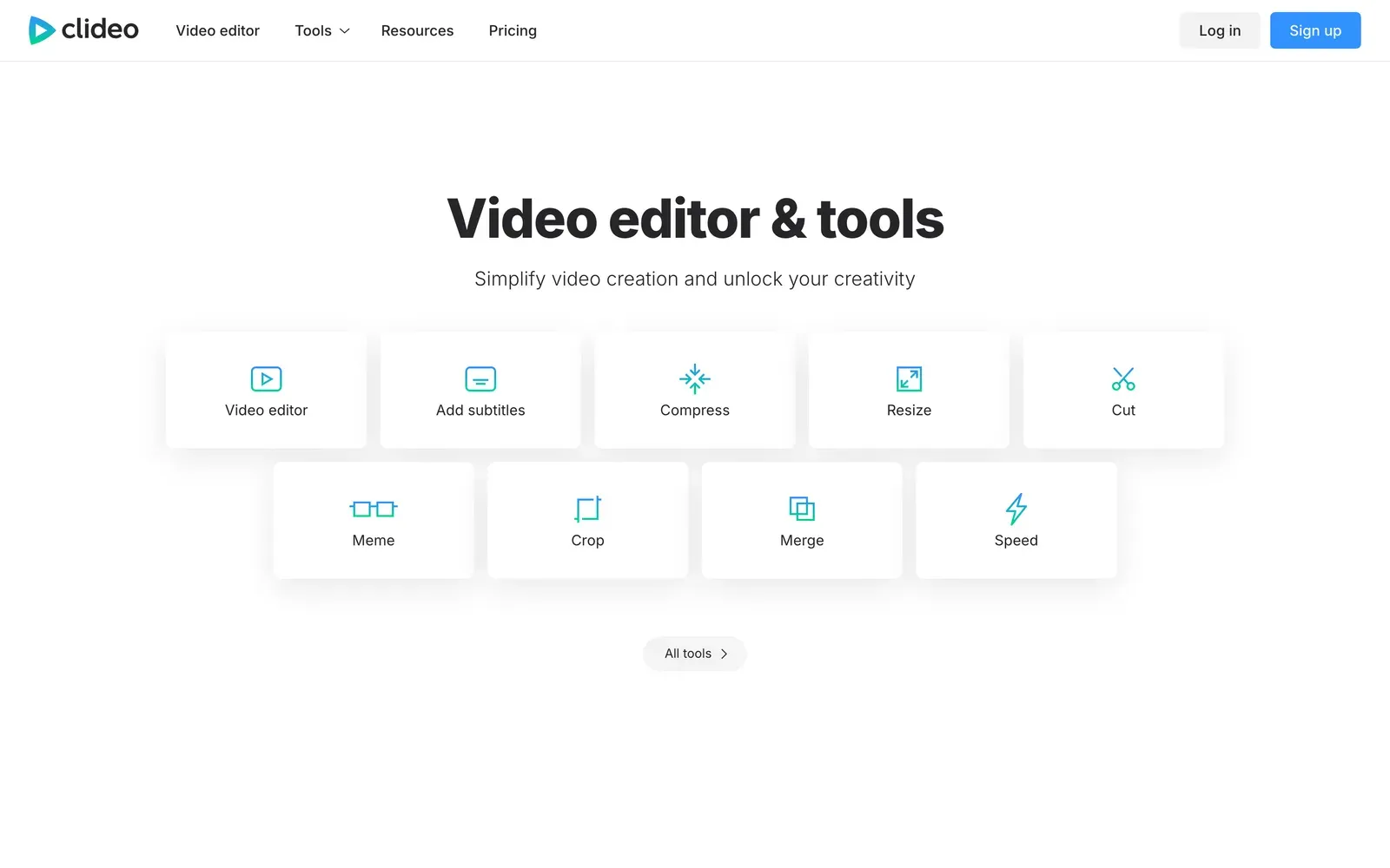 Clideo homepage showing its online video editor and tools grid