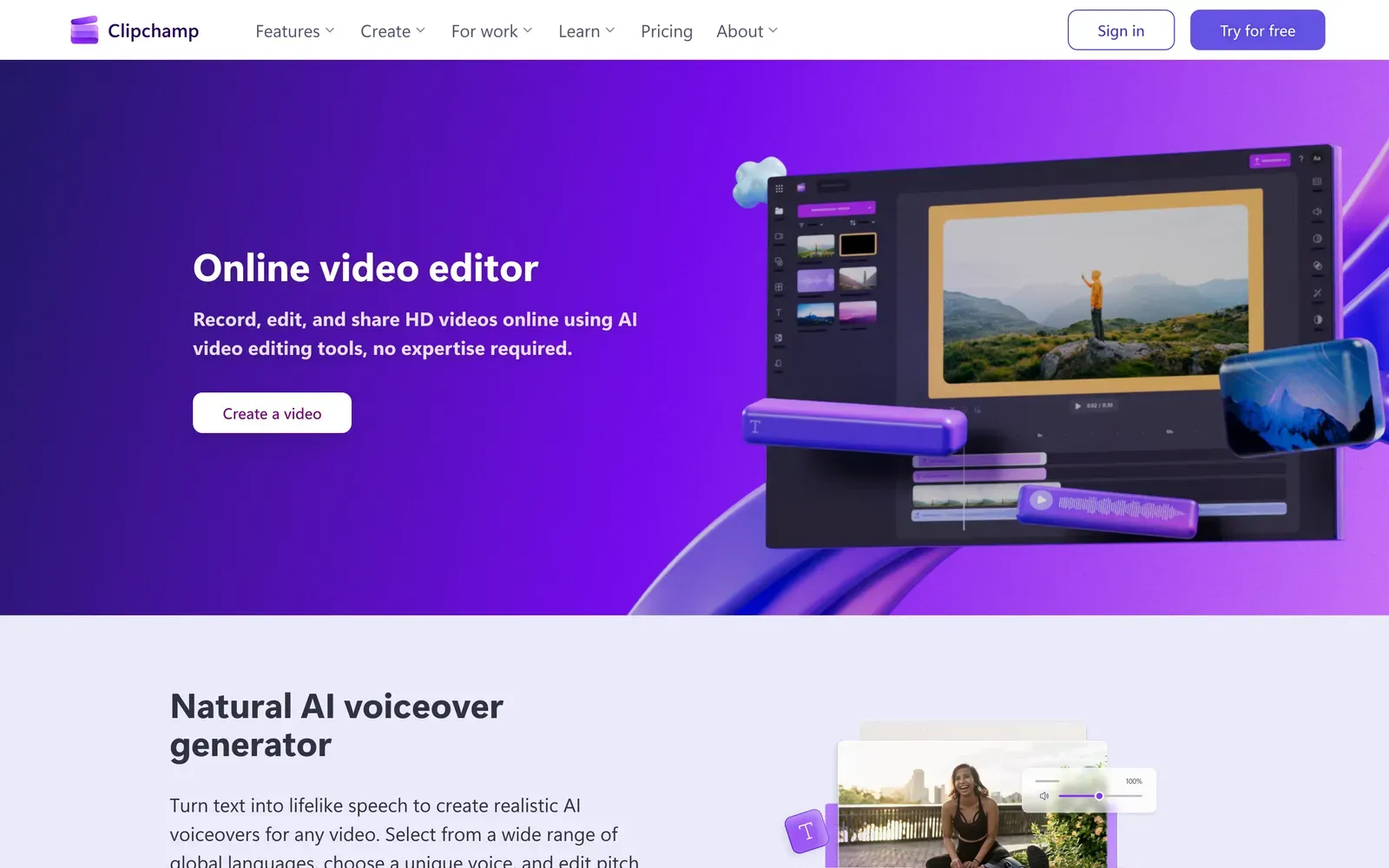 Microsoft Clipchamp homepage showing its online video editor