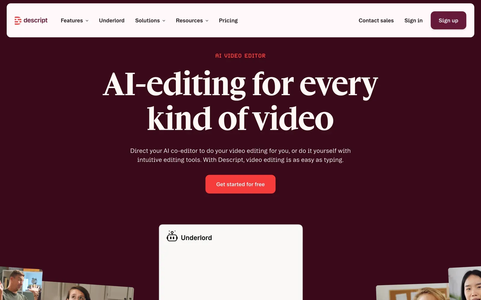 Descript homepage showing its text-based video and podcast editor